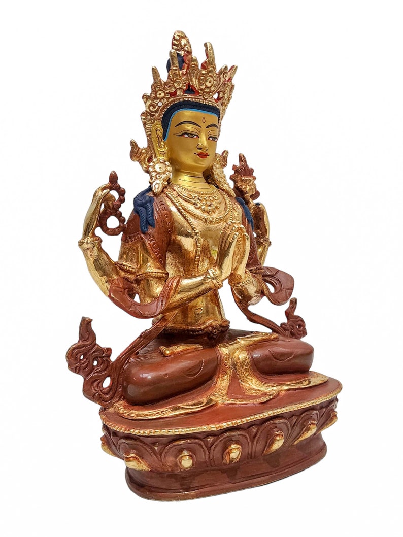 9 inch, Chenrezig, Buddhist Handmade Statue, Partly Gold Plated And Face Painted image 2