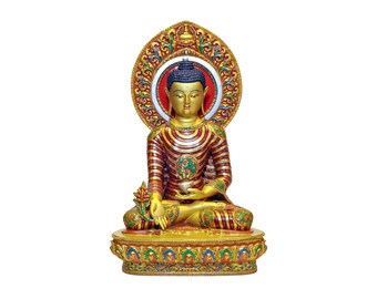 19 inch, High Quality, Tibetan Buddhist Handmade Statue Of Medicine Buddha, Full Fire Gold Plated, Face Painted