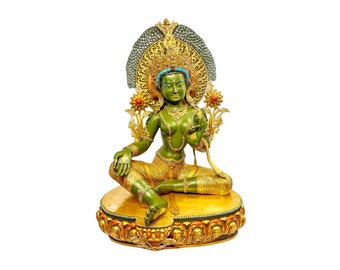 34 inch, Green Tara, Buddhist Handmade Statue, Partly Gold Plated And Stone Setting With Thangka Color Finishing, Master Quality