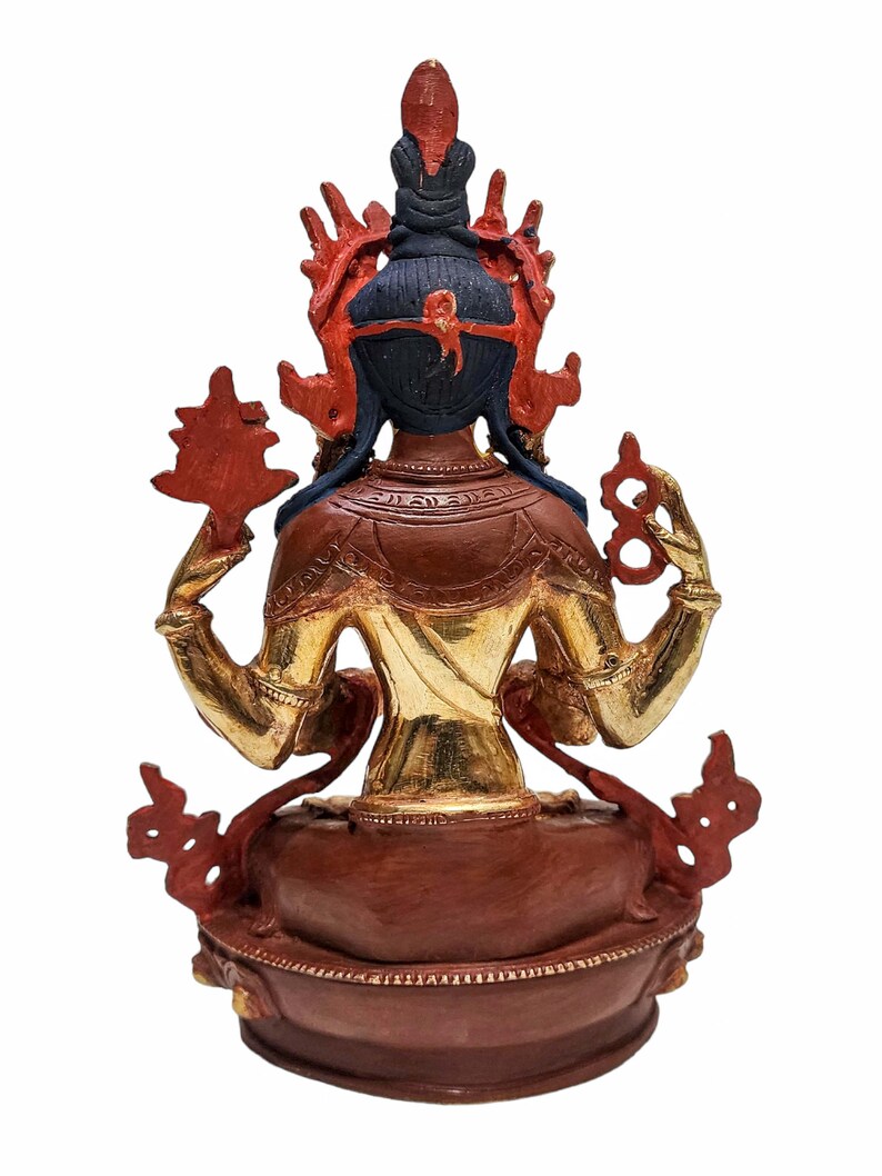 9 inch, Chenrezig, Buddhist Handmade Statue, Partly Gold Plated And Face Painted image 4
