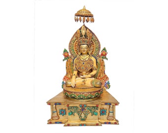 24 inch, Crown Shakyamuni Buddha On Throne, Buddhist Handmade Statue, Face Painted, Gold Plated And Stone Setting, Master Quality