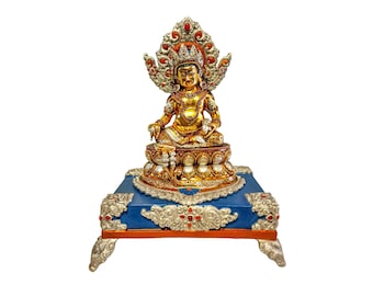 10 inch, Yellow Jambhala, Buddhist Handmade Statue In Throne, Silver Plated, Stone Setting And Gold Painted, Master Quality