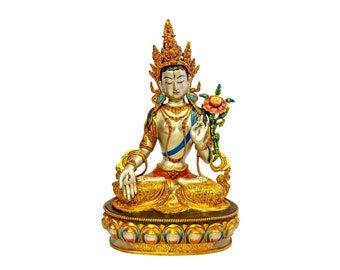 13 inch, White Tara, Buddhist Handmade Statue, Partly Gold Plated With Face Painted, Master Quality