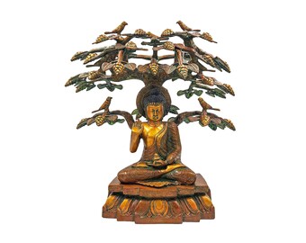 16 inch, Buddhist Statue Of Amoghasiddhi Buddha, Or Blessing Buddha, Under Tree, Sand Casting, Chocolate Oxidized