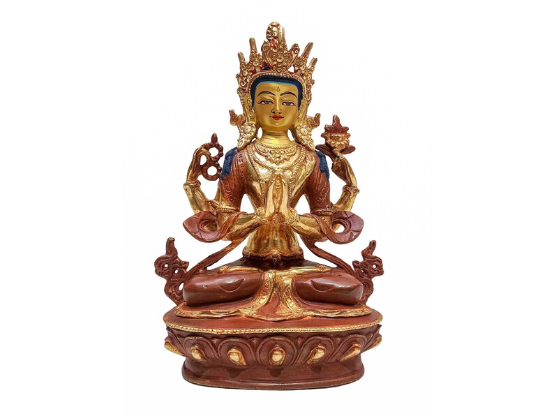 9 inch, Chenrezig, Buddhist Handmade Statue, Partly Gold Plated And Face Painted image 1