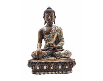 Shakyamuni BuddhaBuddhist Handmade Statue, Silver And Chocolate Oxidized