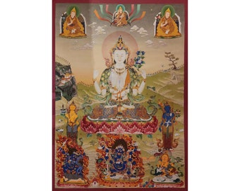 75 inch, Chenrezig Thangka, Tibetan Buddhist Art, Hand Painted, Real Gold, Three Great Bodhisattvas