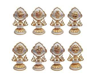 7 inch, Buddhist Handmade Eight Set Tibetan Offering Set, Partly Gold Plated, Silver Plated