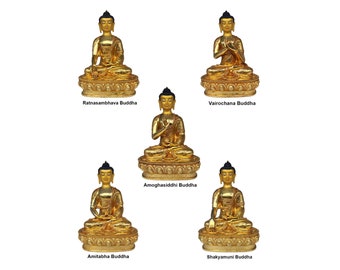 13 inch,a Set Of Shakyamuni Buddha, Amitabha Buddha, Ratnasambhava Buddha, Vairochana Buddha, Amoghasiddi Buddha, Full Gold Plated,