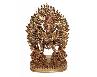 11 inch, Yamantaka - Heruka Vajrabhairava, Tibetan Statue, Full Gold Plated, Painted Face
