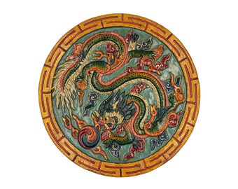 30x30x3cm, Wooden Wall Hanging, With Dragon, Painted, Hand Carved