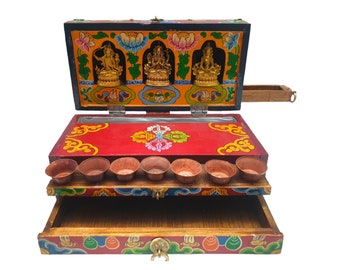 Altar Chesum,5 inch, Wooden Traveling Box With Three Bodhisattva and Nepali incenses