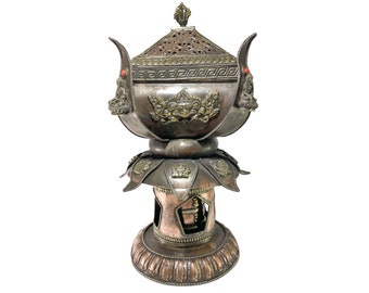 13 inch, Hand Beaten Metal Incense Burner, Lotus Design With Stand And Prayer Wheel, Makal, Maka, Incense Burner