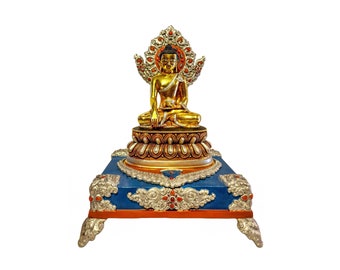 10 inch, Shakyamuni Buddha, Buddhist Handmade Statue In Throne, Silver Plated, Stone Setting And Gold Painted, Master Quality
