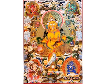 71 inch, Five Jambhala Thangka, Tibetan Buddhist Art, Hand Painted, Real Gold