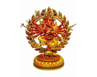 24 inch, Ganesh, Buddhist Handmade Statue, Partly Gold Plated And Thangka Color Finishing And Stone Setting, Master Quality