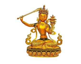 21 inch, Manjushri, Buddhist Handmade Statue, Partly Gold Plated With Face Painted, Master Quality