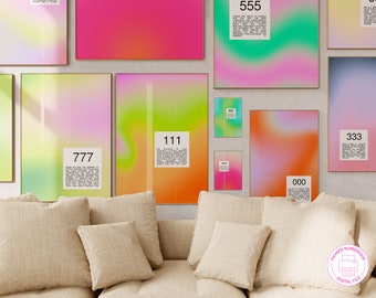 May include: A collection of eight colorful gradient posters with numbers and text on a white wall. The posters are framed in gold. A beige couch with pillows is in the foreground. The text on the posters reads: "555", "777", "111", "333", "000", "444", "666", and "888".