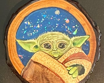 Hand-painted Grogu from The Mandalorian  - Wooden Disc Art Hanging Ornament - Stand included.