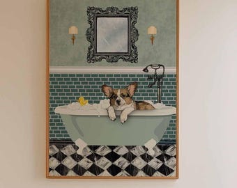 May include: A framed illustration of a corgi dog taking a bath in a white bathtub with a yellow rubber ducky. The bathroom has green tile walls and a black and white checkered floor.