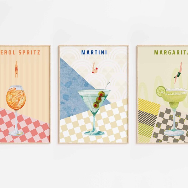 Juego de carteles de buceo de cócteles de 3 / Aperol Spritz / Margarita / Martini / Regalo mixólogo / Arte del carrito de bar / DESCARGA DIGITAL