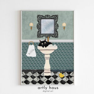 Retro Bathroom Cat Poster, Funny Restroom Wall Art, Black Cat and Sink Print, Cat Lover Gift, Bathroom Animal Wall Decor, DIGITAL DOWNLOAD image 8