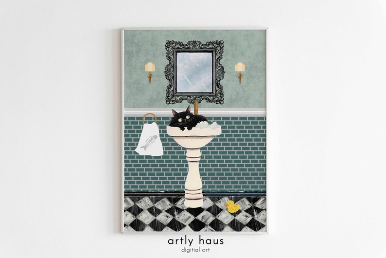 Retro Bathroom Cat Poster, Funny Restroom Wall Art, Black Cat and Sink Print, Cat Lover Gift, Bathroom Animal Wall Decor, DIGITAL DOWNLOAD image 8