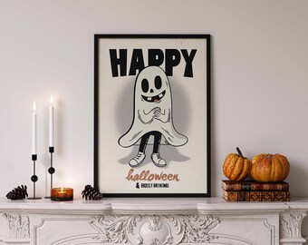 May include: A framed wall art print featuring a cartoon ghost character wearing white sneakers and a sheet, with the text HAPPY halloween & GHOSTLY GREETINGS printed in black and orange on a light cream background inside a black frame.