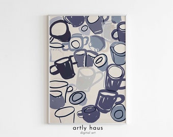 Póster de tazas de té Solo / Impresión de tazas coloridas / Decoración de cocina inspirada en Henri Matisse / Azul moderno chic / DESCARGA DIGITAL