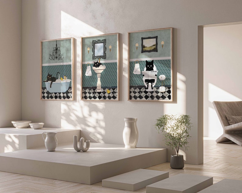 Retro Bathroom Cat Poster, Funny Restroom Wall Art, Black Cat and Sink Print, Cat Lover Gift, Bathroom Animal Wall Decor, DIGITAL DOWNLOAD image 2