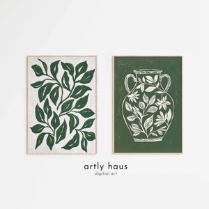 Dúo de carteles de hojas verdes sobre lino / Decoración moderna del hogar de flores / Arte inspirado en Henri Matisse / Original / DESCARGA DIGITAL