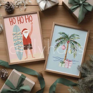 Beach Themed Christmas Poster Duo Tropical Holiday Wall Art Coastal Xmas Decor Surfer Santa and Palm Tree, DIGITAL DOWNLOAD