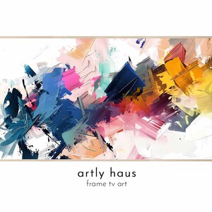 May include: A rectangular digital art print for a television screen featuring abstract, thick paint strokes in shades of navy blue, bright pink, mustard yellow, and white. The text 'artly haus frame tv art' is printed in black below the artwork.