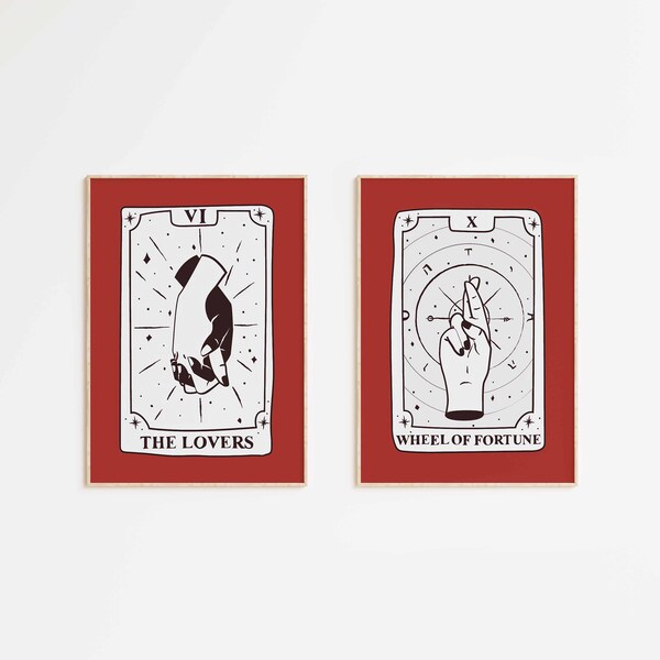 Passionate Destiny Tarot Poster Set | Sleek Red Elegance | The Lover & Wheel of Fortune | Tarot Art | DUO | Wall Art Set | DIGITAL DOWNLOAD