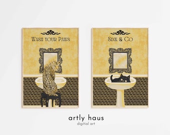 Wash Your Paws Poster Duo | Leopard Looking Back & Cat Hiding in Wash Basin | Midcentury Yellow | Perfect Nursery Decor | DIGITAL DOWNLOAD