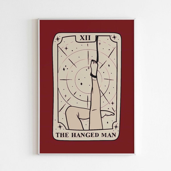 Reflective Pause Tarot Poster | Midcentury Red | The Hanged Man | Tarot Art | SOLO | Thought-Provoking Wall Art | DIGITAL DOWNLOAD