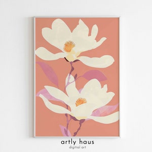 Póster de flor de magnolia rosa: impresión botánica llamativa, arte de verano rosa, decoración de pared con flores elegantes, DESCARGA DIGITAL