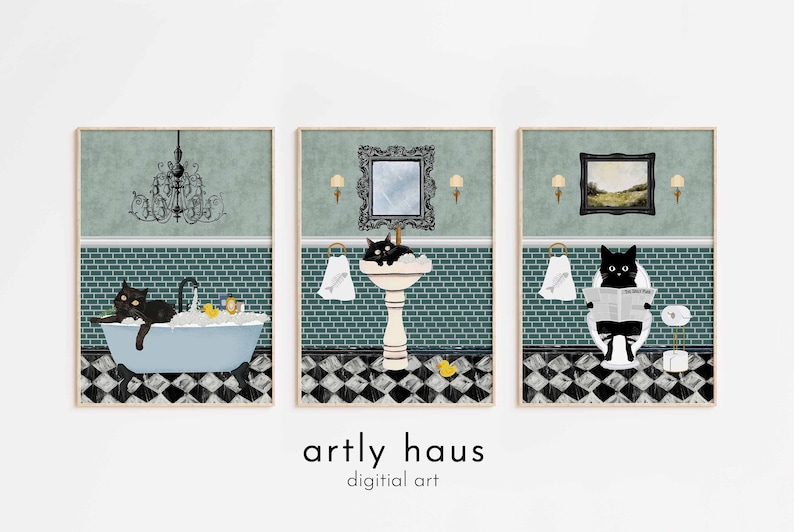 Retro Bathroom Cat Poster, Funny Restroom Wall Art, Black Cat and Sink Print, Cat Lover Gift, Bathroom Animal Wall Decor, DIGITAL DOWNLOAD image 1