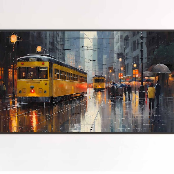 Samsung Frame TV Art | Rain Kissed Rails | Urban Impressionism | Soaked Cityscape | Tram Tales | DIGITAL DOWNLOAD