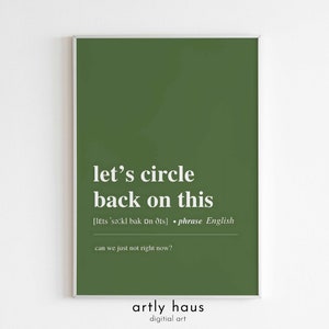 May include: A rectangular wall art print featuring a solid olive green background with white text. The print displays the phrase let's circle back on this, its phonetic pronunciation, the word phrase, English, and the subtext can we just not right now?