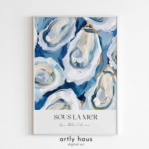 Póster abstracto de ostras / Colección de arte costero / Conchas y vida marina / Decoración de playa azul y beige / DESCARGA DIGITAL
