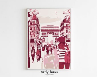Shopping in Paris Poster Solo | Paris Eiffel Tower Art Print | France Travel Art | French Rose | DIGITAL DOWNLOAD
