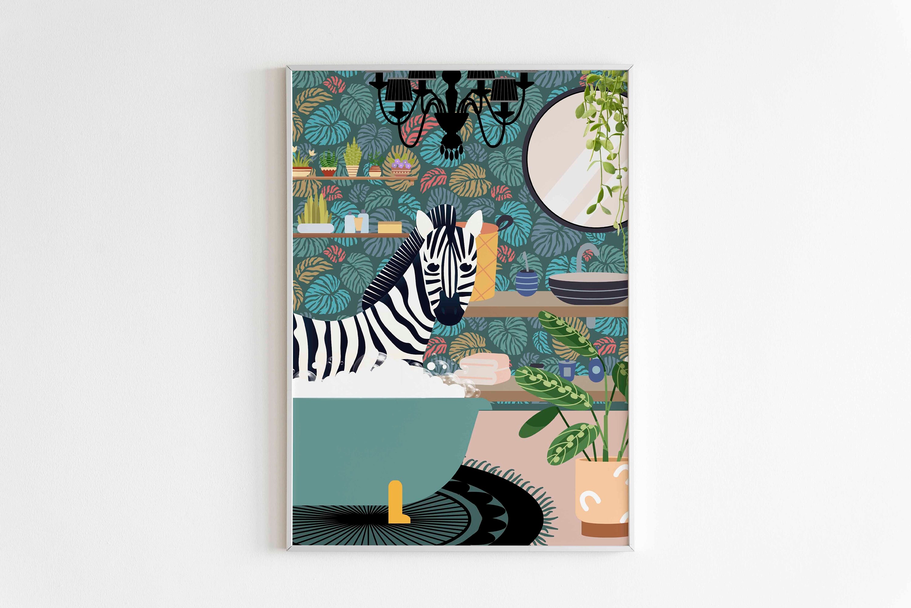 Bathroom Animals Poster Set of 3 Funky Animals Prints Black Cat & Co Zebra in a Bathtub Wall Art ...