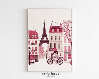 Cycling in Paris Poster Solo | Paris Eiffel Tower Art Print | France Travel Art | French Rose | DIGITAL DOWNLOAD