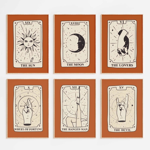 Fiery Tarot Master Collection | Midcentury Orange | Sun, Moon, Lovers, Wheel of Fortune, Hanged Man, Devil | Wall Art Set | DIGITAL DOWNLOAD