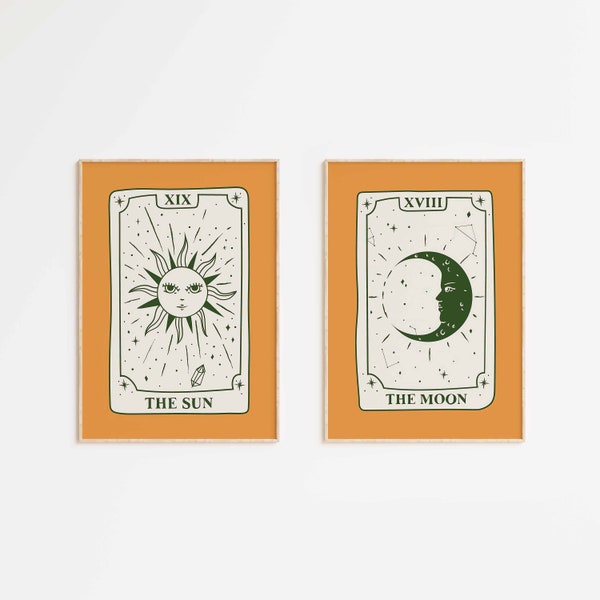 Sunlit Harmony Tarot Poster Set | Summer Orange Burst | The Sun & The Moon | Tarot Art | DUO | Bright Print Set | DIGITAL DOWNLOAD