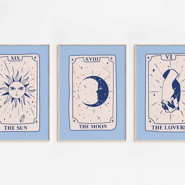 Tarot Poster Poster Trio | Pastel Meadow Blues | Tarot Cards | Tarot Poster Set | Trendy Wall Art Set | DIGITAL DOWNLOAD