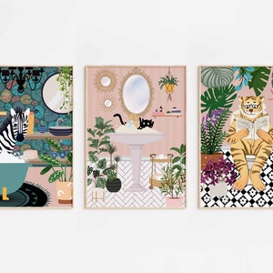 Juego de 3 pósteres de animales para el baño / Impresiones de animales divertidos / Gato negro y compañía / Arte de pared de cebra en una bañera / DESCARGA DIGITAL