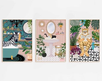 Bathroom Animals Poster Set of 3 | Funky Animals Prints | Black Cat & Co |  Zebra in a Bathtub Wall Art | DIGITAL DOWNLOAD