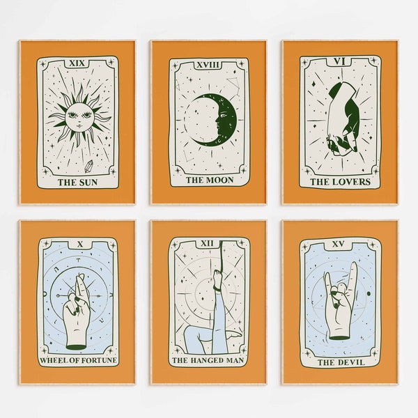 Radiant Arcana Tarot Collection | Summer Orange Burst | The Sun, Moon, Lovers, Fortune, Hanged Man, Devil | Wall Art Set | DIGITAL DOWNLOAD